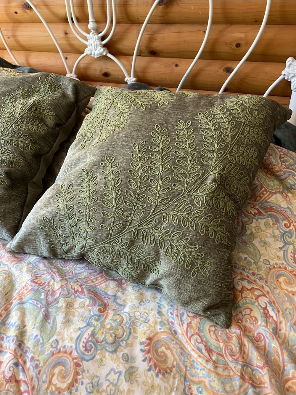 Embroidered fern pillows cottagecore natural home green set of 2 throw pillows
